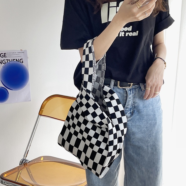 ❀ Chingu ❀ TW010 (ORI IMPORT) Buffollow Vacay Motif Catur Tas Bene Korean Knitted Checkered Tote Bag Tas Rajut Kotak Kotak Totebag Viral Bangkok