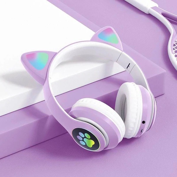 Headphone Bluetooh Bando Cute Cat Ear STN-28 Macaron Model Telinga Kucing LED