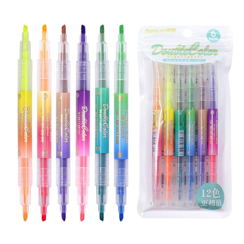 Preva 6PCS/Set Stabilo Pen Set Good-looking Perlengkapan Kantor Sekolah Menggambar Alat Menulis Warna Ganda Kepala Ganda Pena Warna