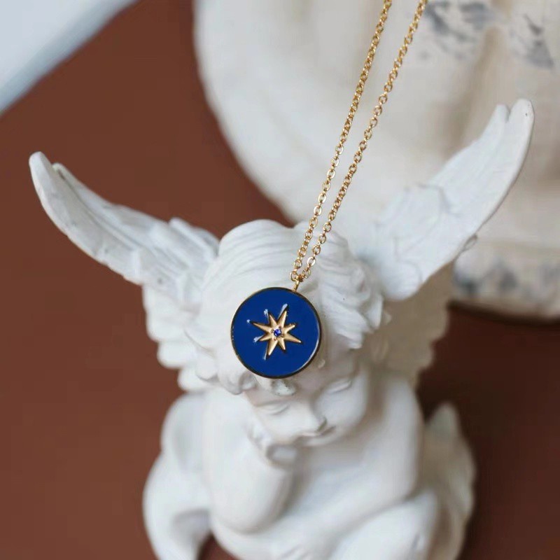 Kalung Desain Disk Enamel Warna Biru | Kalung Rantai Dengan Liontin Bintang Untuk Wanita | Aksesoris Bahan Titanium Steel 18K Warna Rose Gold | Perhiasan Bahan Stainless Steel