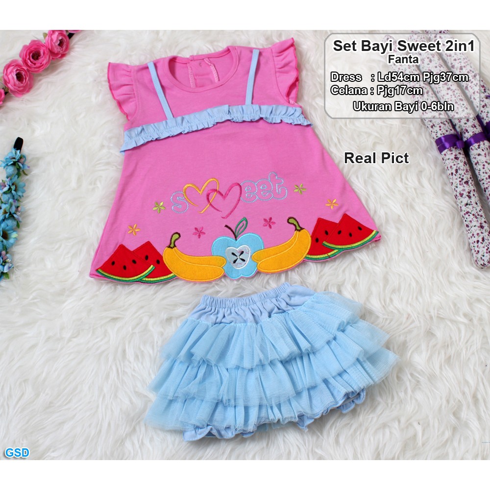 Set Bayi Sweet 2in1/ Setelan Bayi Kekinian/ Baju Bayi Motif Lucu/ Setelan Bayi 0-6 Bulan