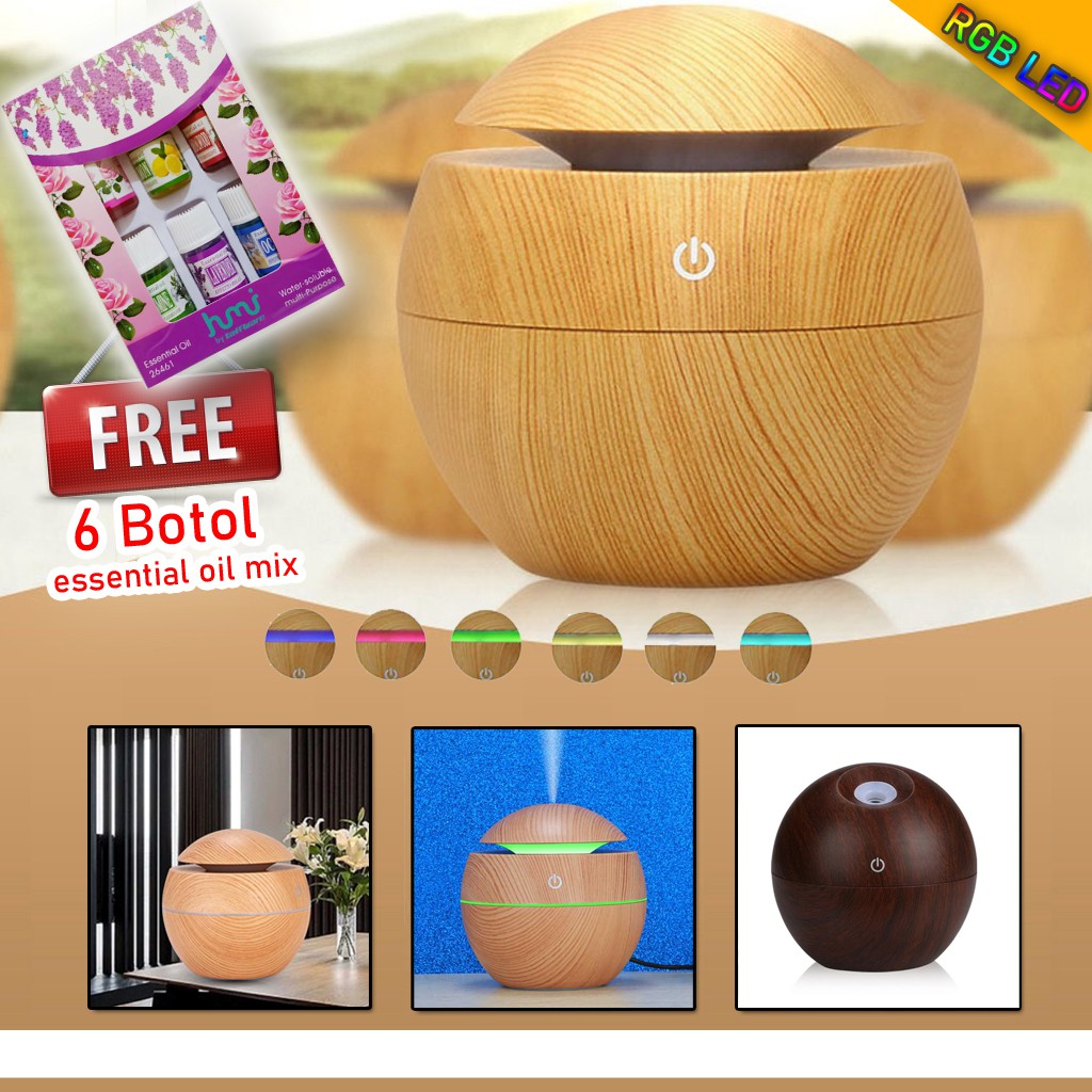 Humidifier Desain Kayu Coklat Muda - RGB LED Aromatherapy Air Humidifier