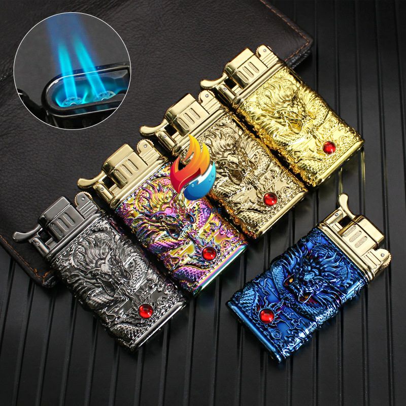 Mancis Premium Korek Api Roda Las Gas 2 Api Lighter Motif Naga Dragon XF-2103 1855