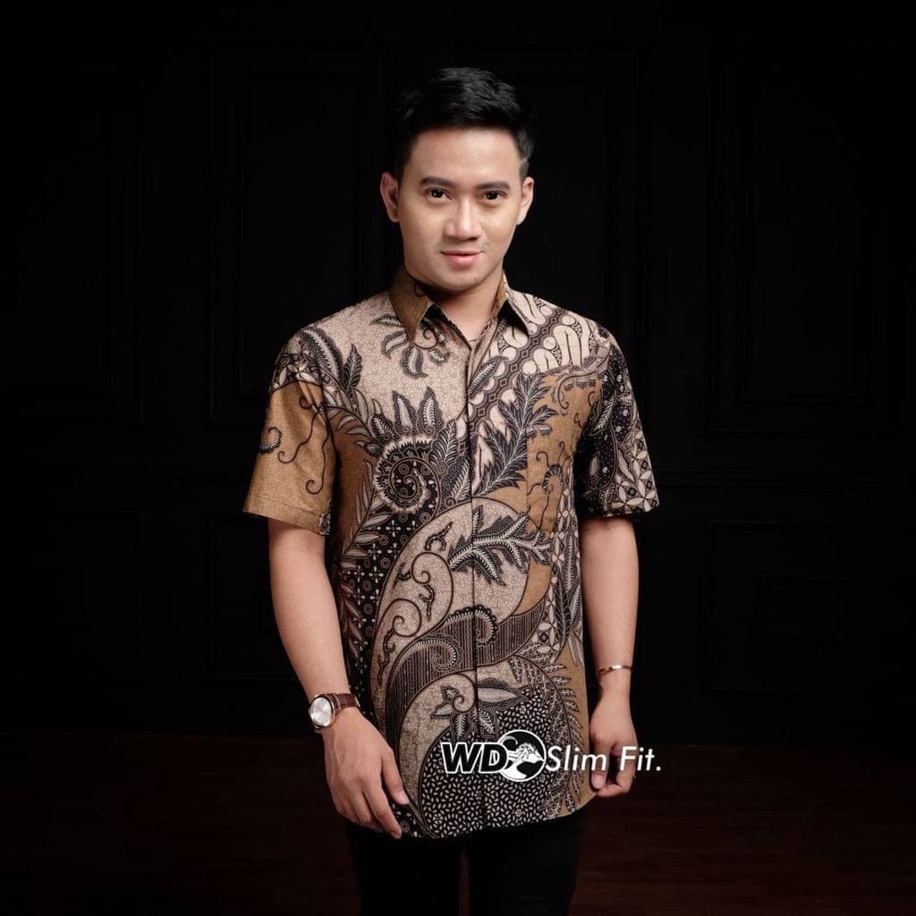 Batik Pria Lengan Pendek Premium BATIK AZMIL HRB026 motif KERATONAN Kode 002 size M L XL XXL-PENDEK-PADI COKLA