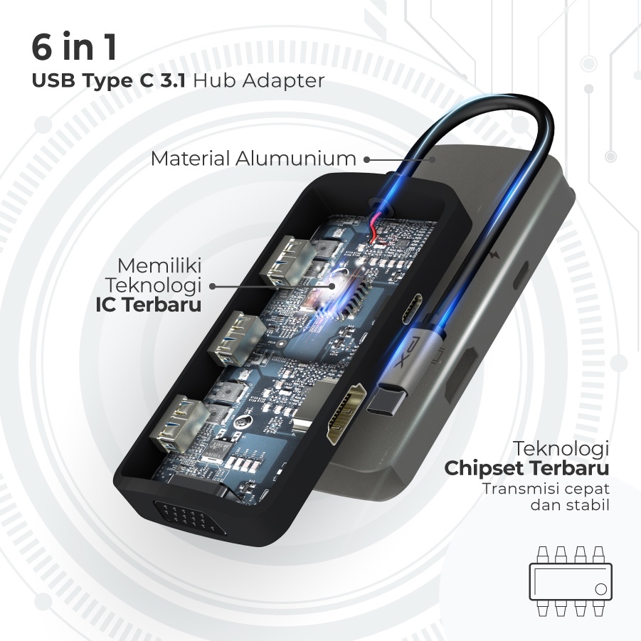 Converter Hub Adapter 6 in 1 Type C 3.1 to HDMI 4K VGA USB PX UCH60