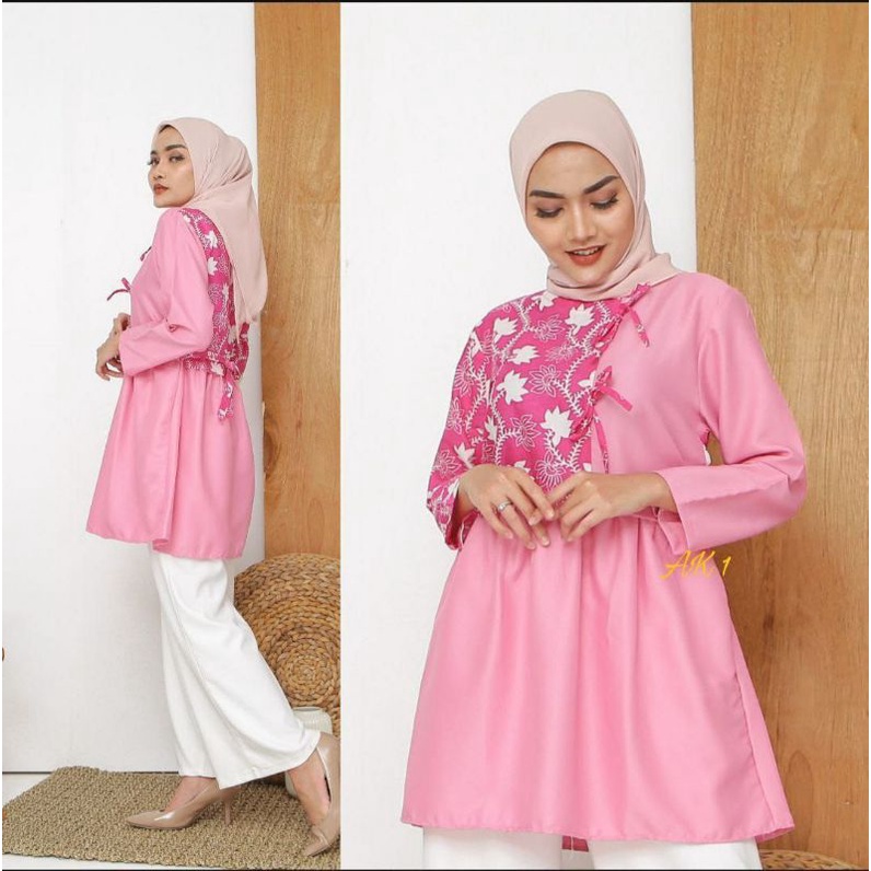tey-17 Batik wanita ASJ SA HRB026 Kenongo Kemeja Tosca Pendek-Ping bunga