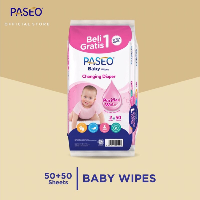 PASEO TISU BASAH BABY CHANGING DIAPER BUY 1 GET 1 (2 PACKSx50 SHEETS)