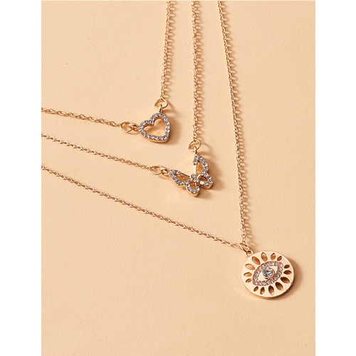 LRC Kalung Fashion Golden Diamond Eye Butterfly Love Heart Alloy Multilayer Necklace K83448