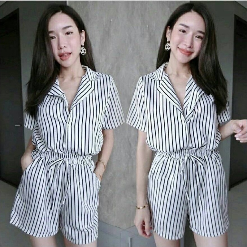 jumpsuit pendek wanita / jumpsuit wanita lengan pendek motif salur