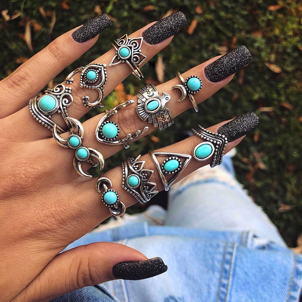 Hu Hu Hu Hu Hu Alat Bantu Pasang Kacamata♡ 11 / 13 / 15pcs Cincin Knuckle Bahan Alloy Desain Ukiran Bunga Hias Permata Imitasi Warna Hitam Gaya Bohemian