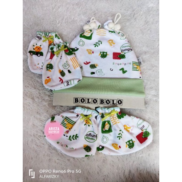 SNI BOLOBOLO - SET topi+Sartaki bayi PUTIH MOTIF