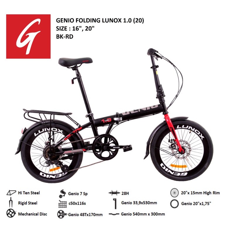 Sepeda Lipat Genio Folding Lunox 1.0 size by United SNI Garansi Resmi COD bisa Kredit 16 dan 20 inch-Black Red