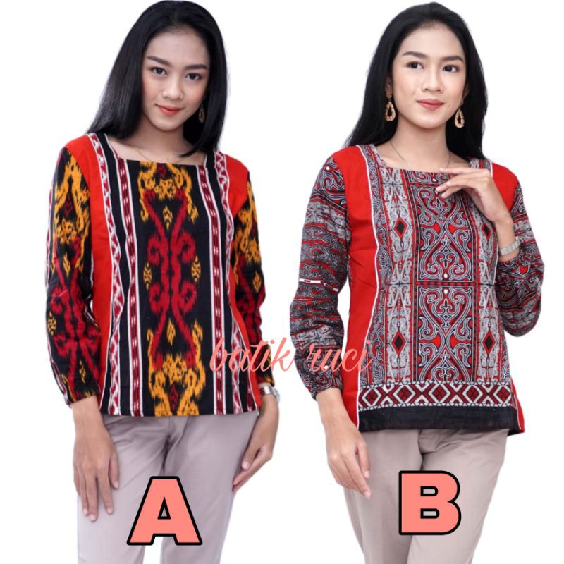 Blouse Batik Wanita Atasan Modern Lengan Panjang Motif Tenun S-M-L-XL-XXL-3L-4L-5L-1