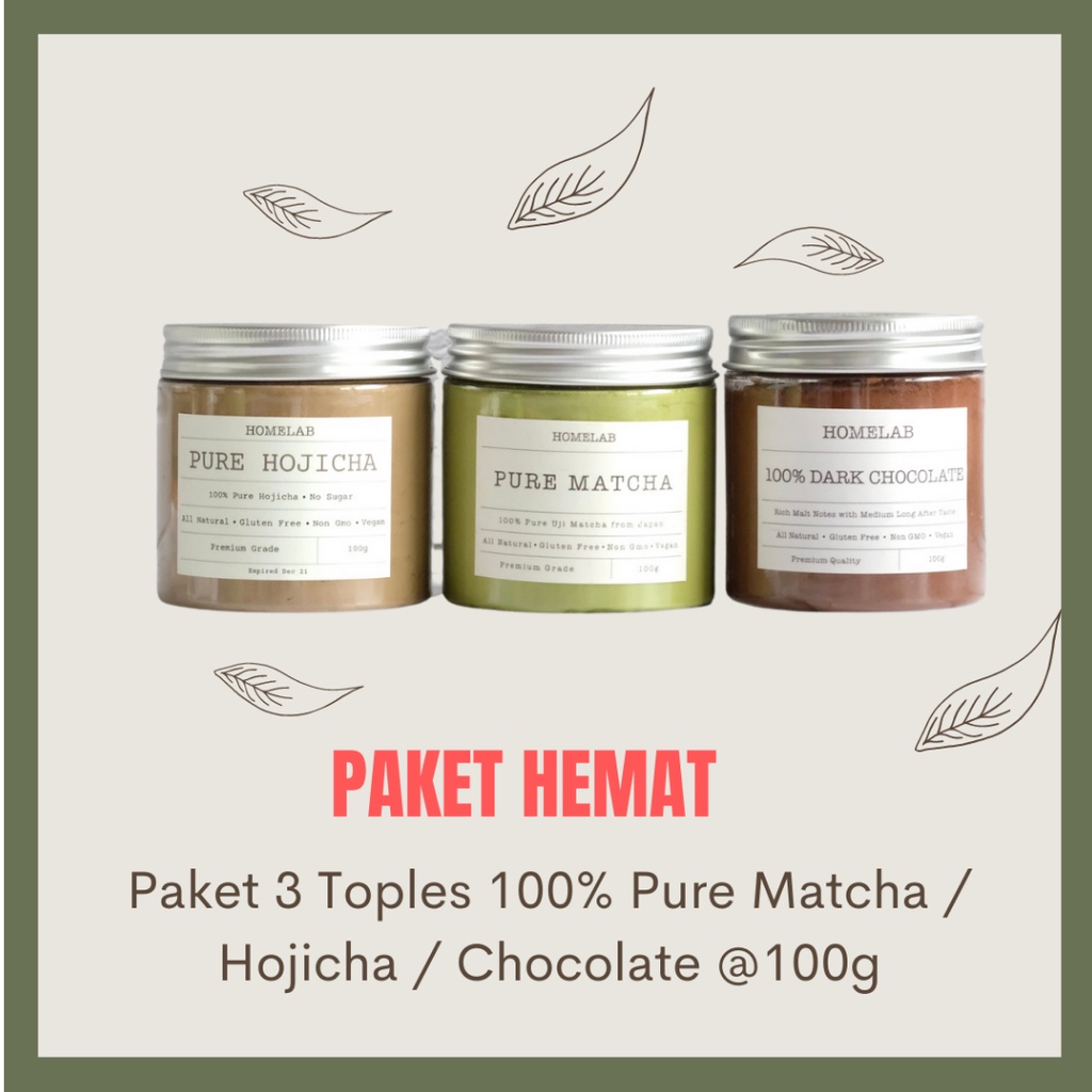 

Homelab 100% Pure Uji Matcha, 100% Pure Hojicha & 100% Dark Chocolate - Paket Bundle 100G 3 Pcs