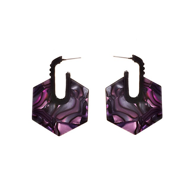 LRC Anting Tusuk Fashion Purple Alloy Resin Hexagonal Earrings F44425