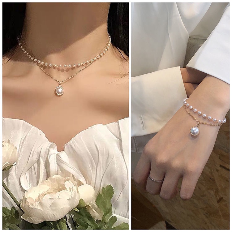 Kalung cahaya mewah minoritas retro ins sederhana double-layer kalung mutiara wanita trendi kalung n