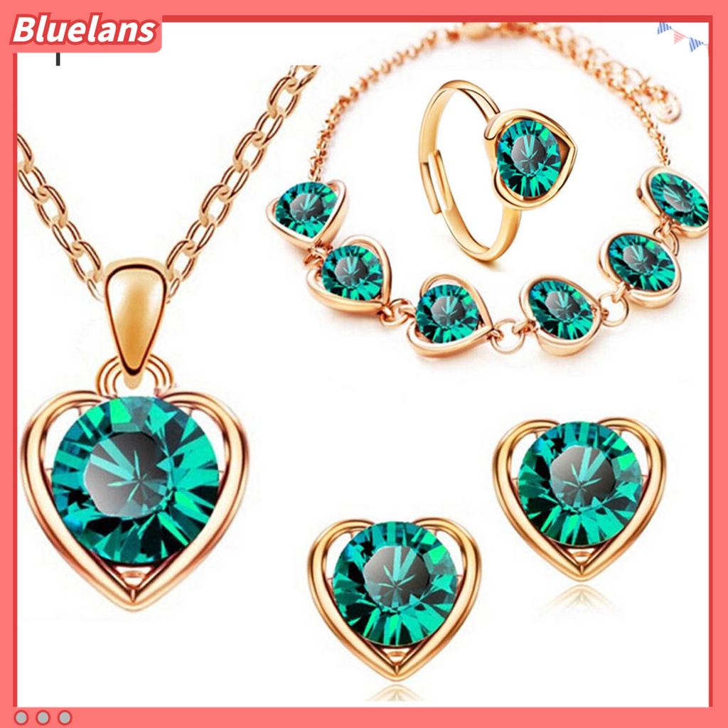 4pcs / Set Kalung Anting Gelang Cincin Liontin Hati Aksen Berlian Imitasi Adjustable Untuk Wanita