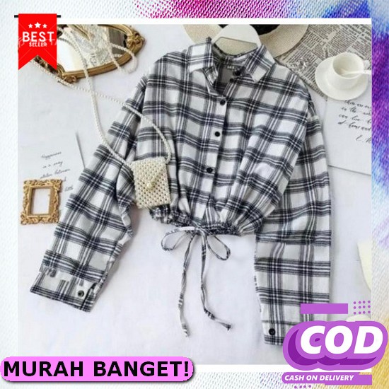 Kemeja Tartan Crop Top Oversize Atasan Wanita Motif Kotak Outer Crop T Kem Kerlita Plaid Shirt Kemej