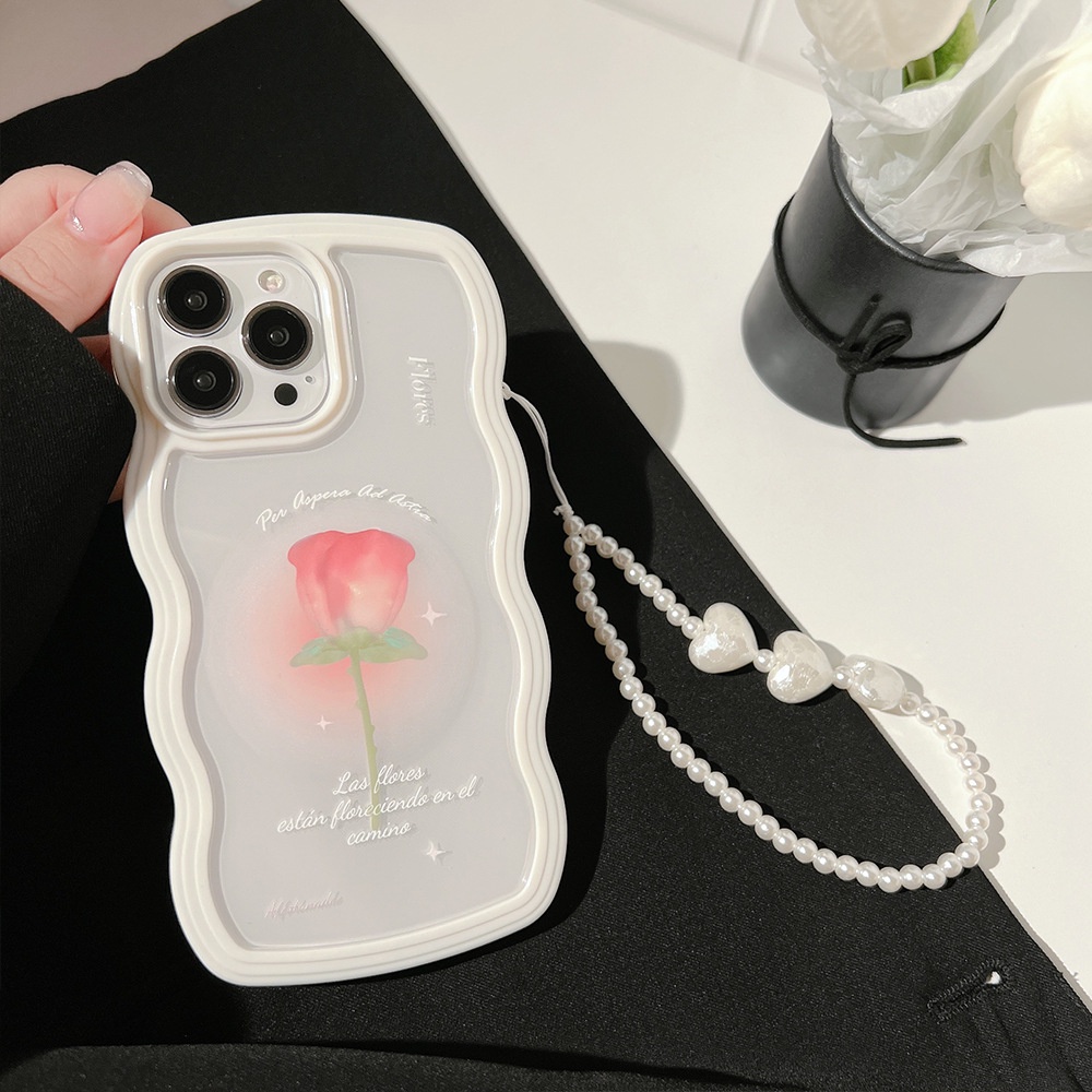 Musim Panas Halo Dyeing Rose Twist Edge White Phone Case Dengan Rantai Manik-Manik Mutiara Untuk X XR XS 11 12 13 14 PLUS Mini PRO MAX Soft Cover