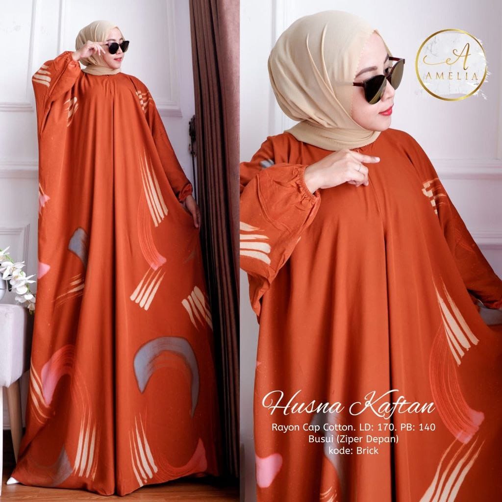 Husna Kaftan Wanita Size Super Jumbo XXXXL Rayon Tebal Motif Cap Kuas Lukis Busui Resleting Lengan Panjang Gamis Rayon Kaftan Jumbo