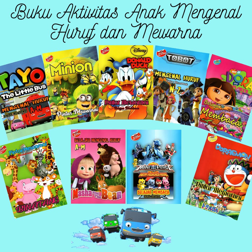 AKTIVITAS KARAKTER - Buku Aktivitas Anak Mengenal Huruf Mewarna Masha Binatang Donald Duck Dora Mini