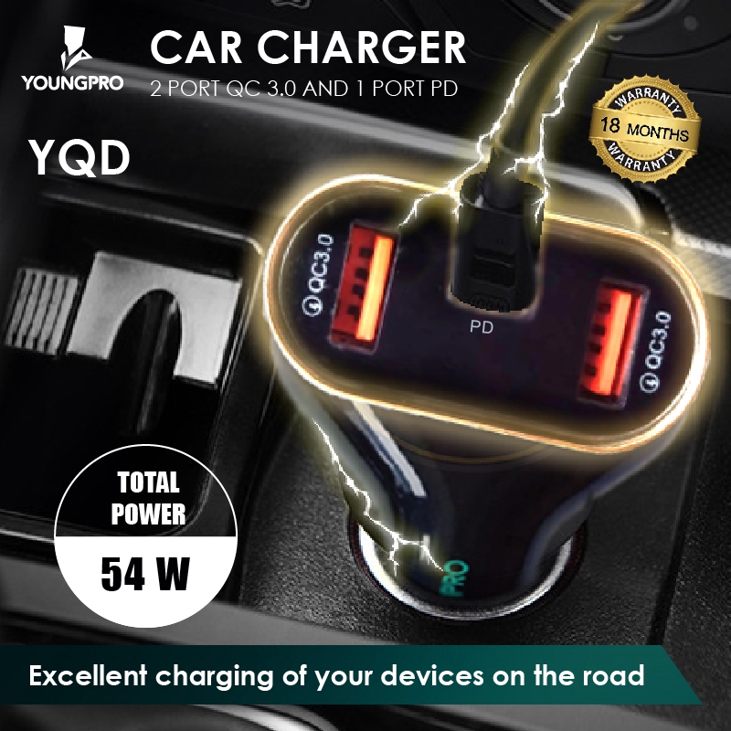 BERGARANSI!! YOUNGPRO CAR CHARGER QUICK CHARGER QC 3.0 PORT POWER DELIVERY YQD-0