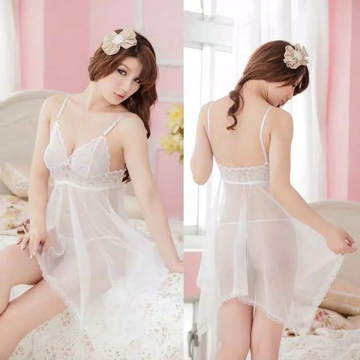 CLEARANCE SALE - BR0034 - Dress Lingerie V-Neck Rendah Model Renda Serat Mesh Eksotis