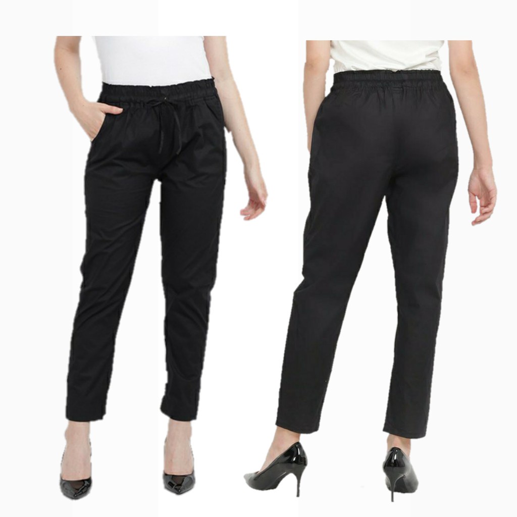 Celana Panjang Wanita Basic Pants Katun Stretch Tali Pinggang Karet Bahan Melar Tidak Kaku