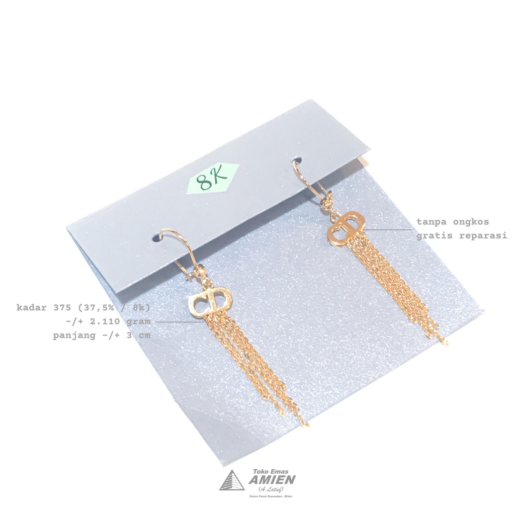 Toko Emas Amien Anting Emas Asli HWT Kadar 375 (37,5% / 8K) 2.110 Gram - Gondel Rantai Panjang CD