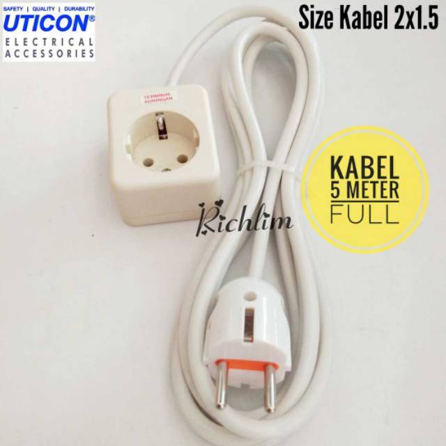 Stop Kontak Uticon 1 Lubang/Colokan Listrik+Steker Arde+Kabel 2x1.5 Serabut 5 Meter