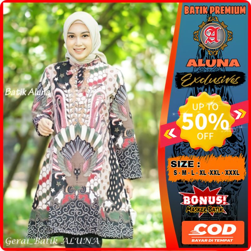 Baju Batik Solo Danar Hadi Original Tunik Wanita Lengan Panjang Premium Full Trikot Aluna G_TBA005