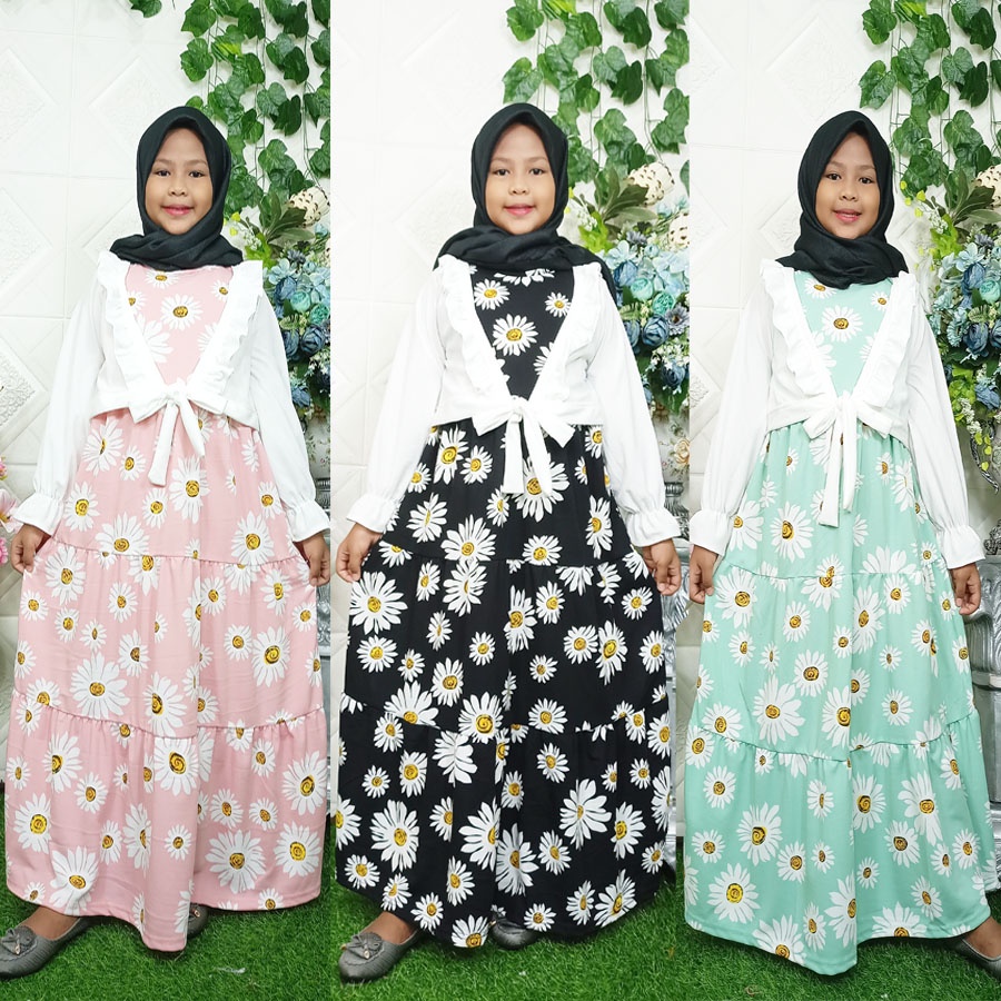 CARLINA – Gamis Anak Rompi Putih Ruffle Bunga Muslimah Kaaffah 3-13 tahun Dress Panjang Kids