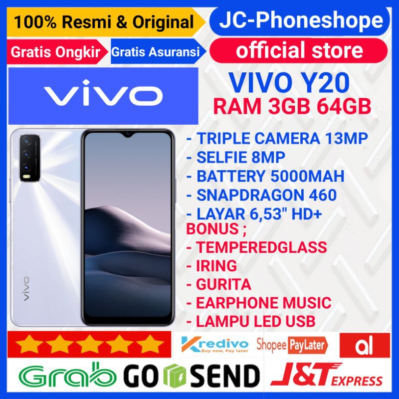 VIVO Y20 2021 RAM 4GB 64GB GARANSI RESMI Y20 RAM 3GB 64GB - BONUS