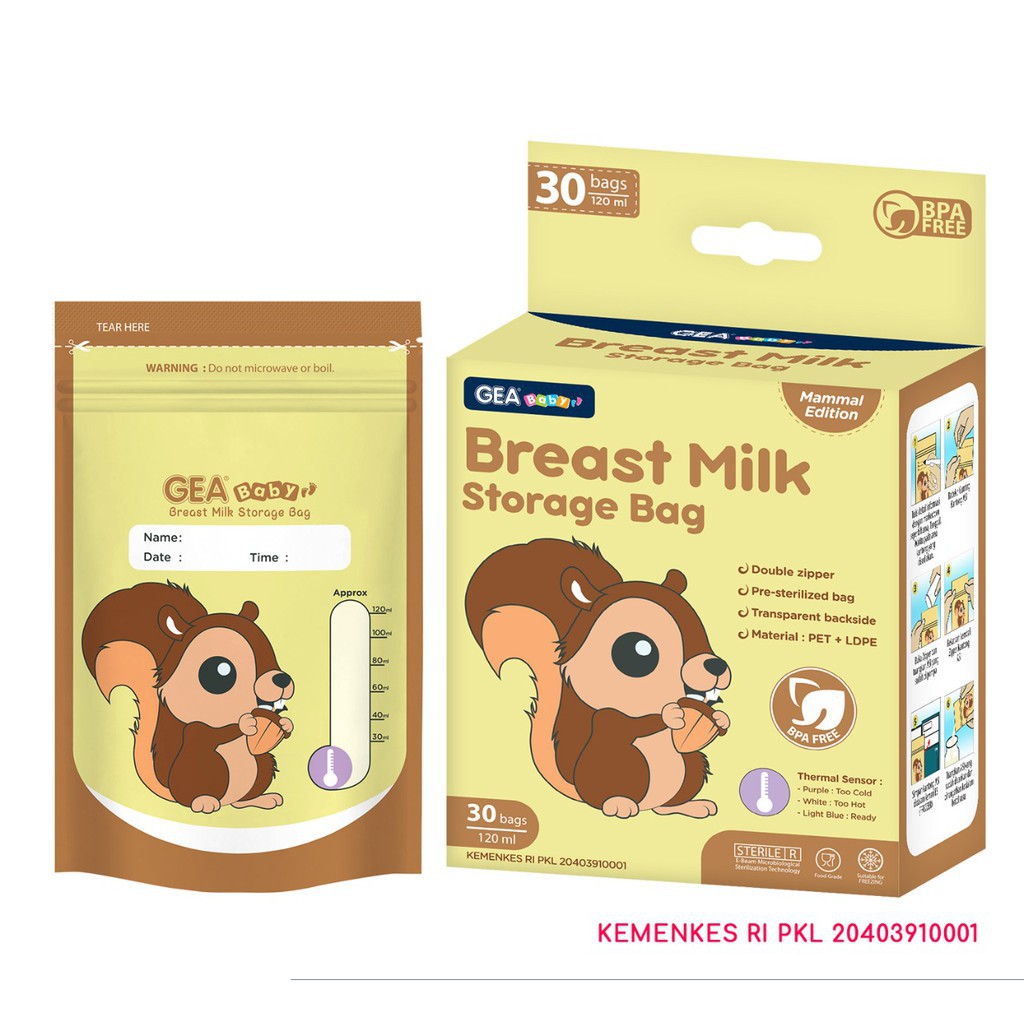 Gea Baby Breast Milk Storage Bag Yellow Squirrel Kantong Asi 120ml