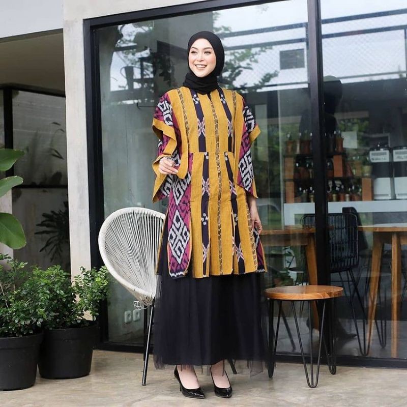 long dress tenun etnik kombinasi tile