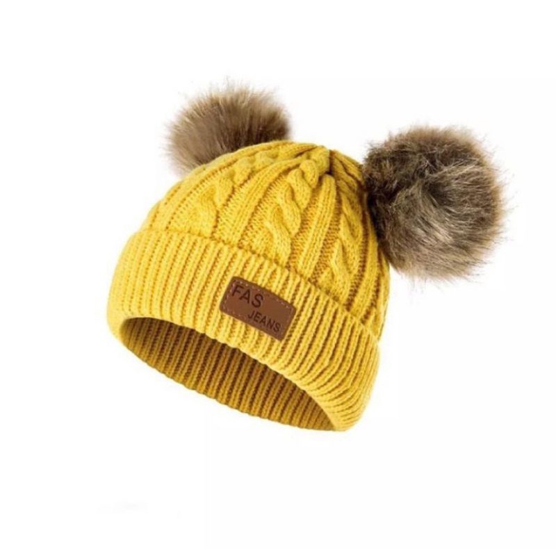 topi rajut pom pom - kupluk bayi premium- accecoris anak bayi-Kuning