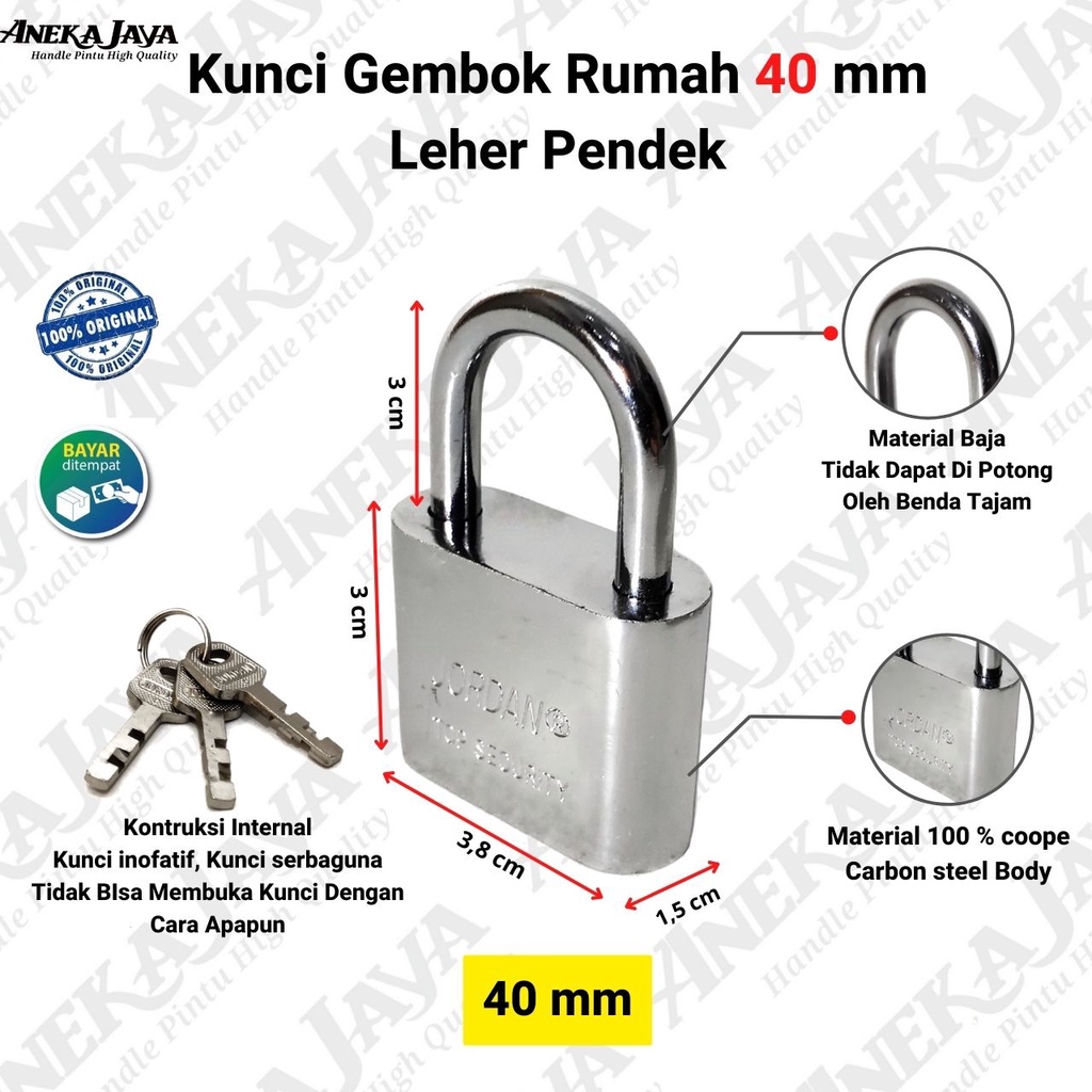 Kunci Gembok 40 mm ORIGINAL Pintu Rumah Pagar / Leher Pendek / Gembok Murah Bagus