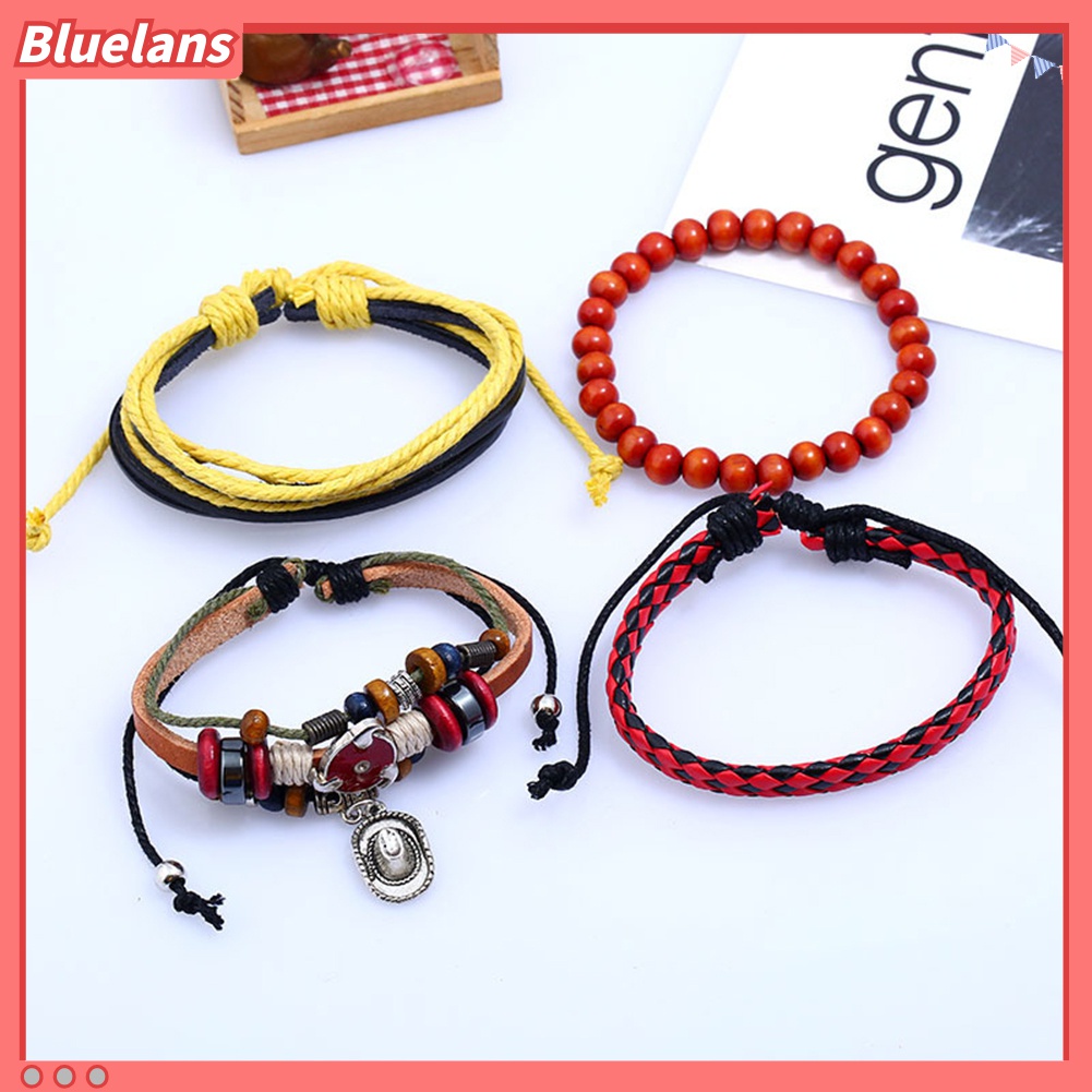 4pcs / Set Gelang Multilayer Bahan Kulit Imitasi Aksen Manik-Manik Kayu Gaya Retro Etnik Untuk Wanita