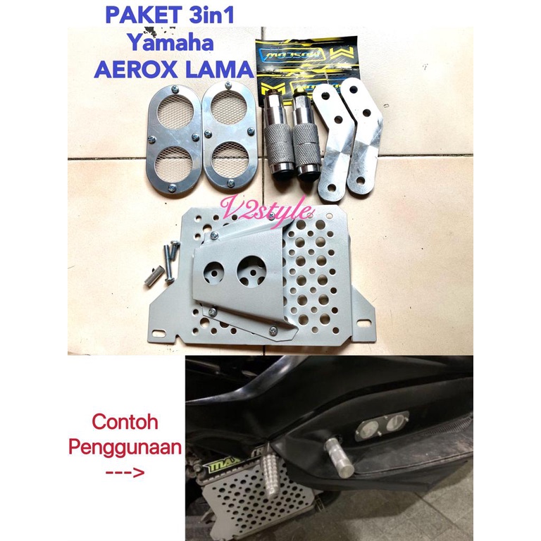 PAKET ACCECORIES AEROX LAMA / AEROX 155 OLD FULL CHROME FOOTSTEP PIJAKAN KAKI BELAKANG STEP UNDER BONE AEROX TUTUP RADIATOR COVER RADIATOR AEROX LAMA DIFFUSER AIR VENTILATOR COVER SARINGAN UDARA PNP SILVER + JALU BRECKET KARET CHROME OOTSTEP UNDERBONE AER