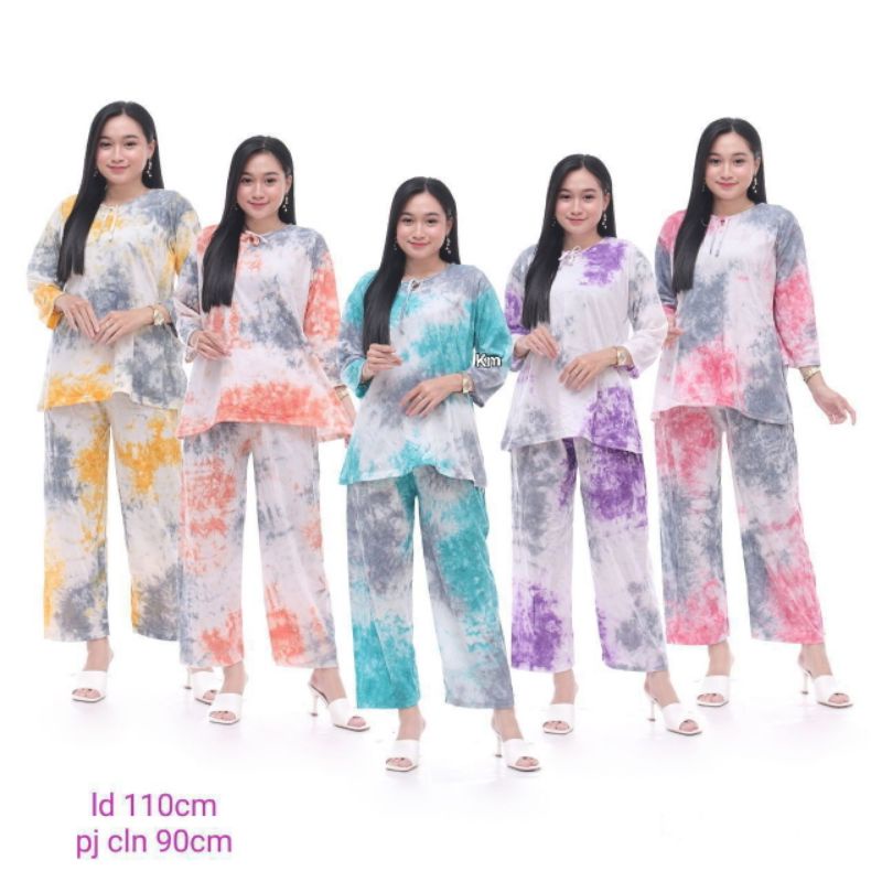 One Set Tiedye Setelan Wanita Panjang Matt Kaos Cotton Piyama Kaos Batik Babydoll COD Termurah