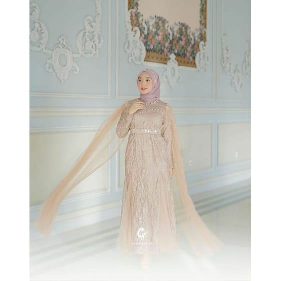 Aira Dress Gaun Pesta / Gamis Kondangan Islami Muslim Dengan Kombinasi Brokat Brukat Dan Aksen Menyi
