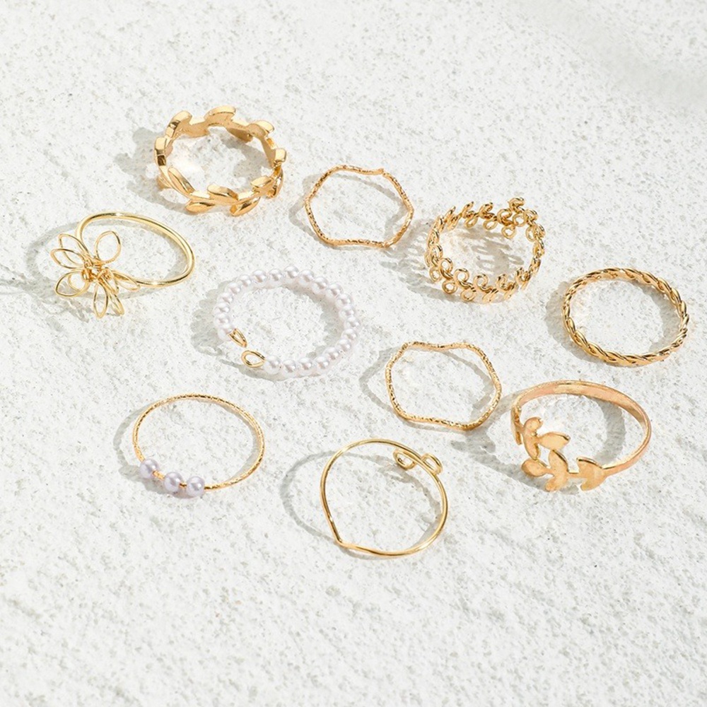 【COD Tangding】10pcs / set Cincin Desain Bunga Daun Merambat Aksen Mutiara Imitasi Gaya Bohemian