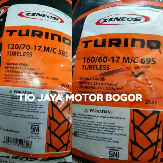 PAKETAN BAN ZENEOS 120/70-17 DAN 160/60-17 TYPE TURINO ZN33 TUBLES