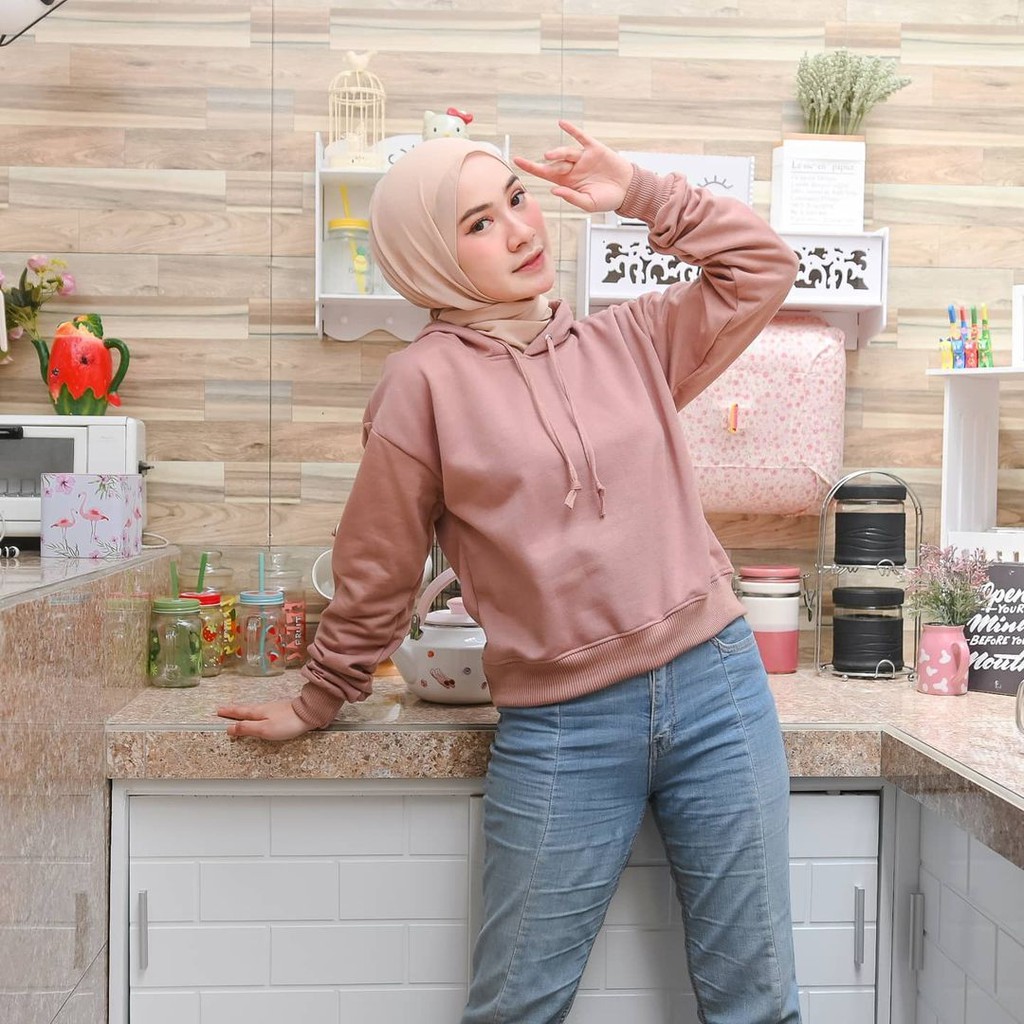 Hoodie Crop Bella - Allsize - Bahan Fleece - Wanita