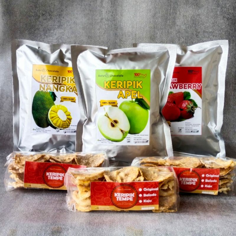 One Mandiri Sukses - Paket Praktis Keripik Buah dan Keripik Tempe ~ Oleh Oleh Khas Malang Batu - Isi : Keripik Apel , Nangka , Kerupuk Strawberry, Keripik Tempe Rasa mix 3 pcs