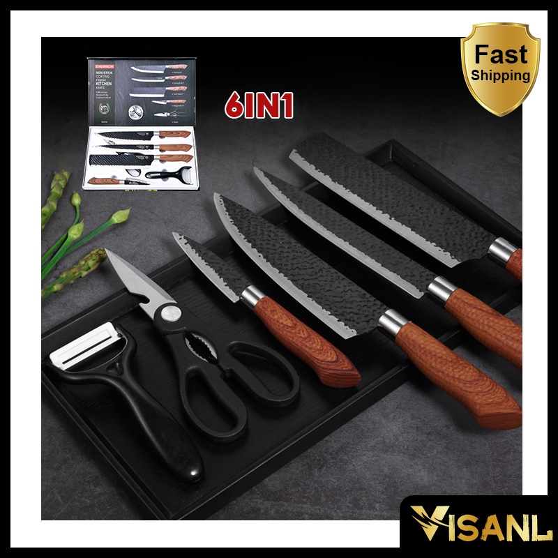Original Pisau Dapur Set Tajam Kitchen Knife Set Black Knife Diamond Set 6in1 VS-1848