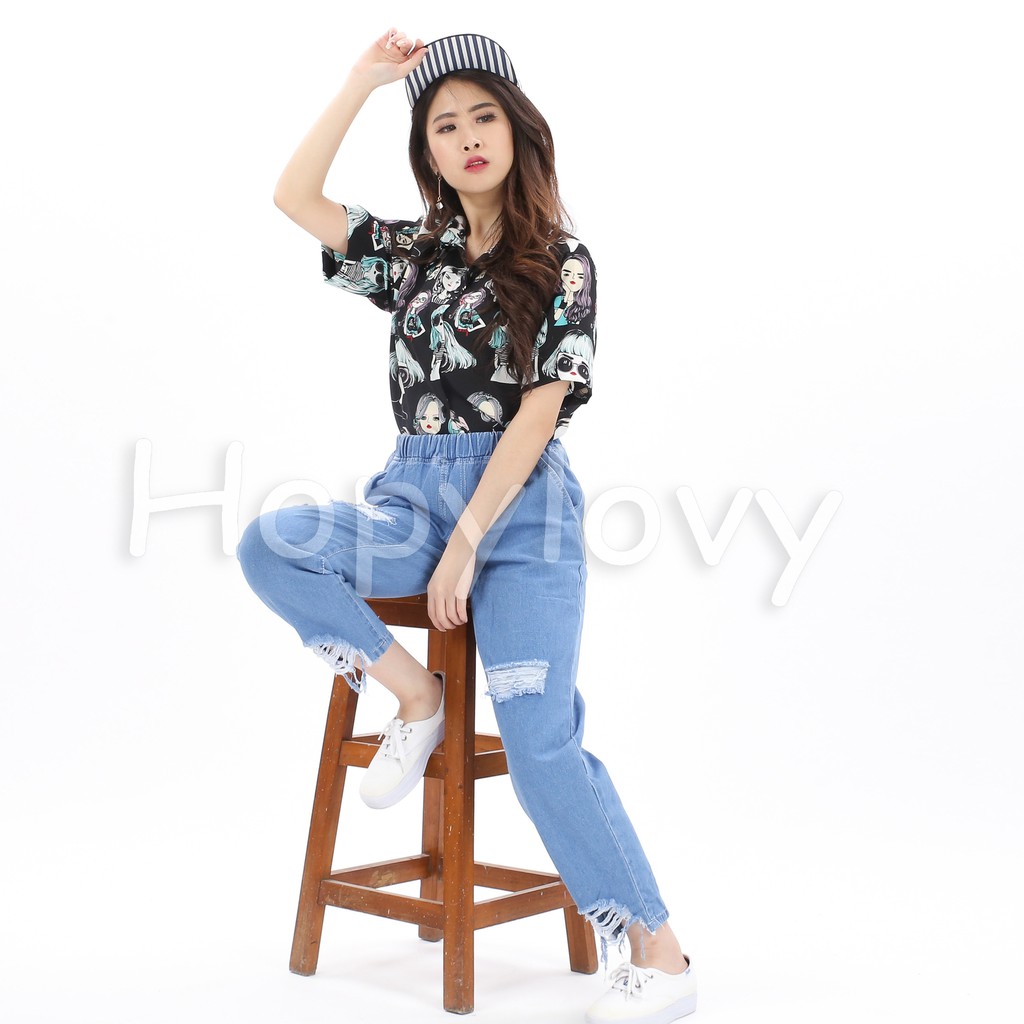 HOPYLOVY - Celana Boyfriend Jeans Wanita Pinggang Karet Sobek Ripped BF Charlie