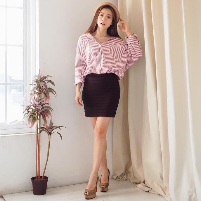 KEMEJA HEM OVERSIZED WANITA CHAMELE MOTIF SALUR FIT TO XL 2223 - BIRU