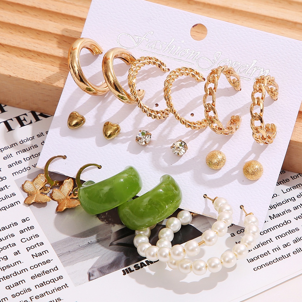 9 Pasang / Set Anting Stud Bentuk C Kupu-Kupu Hati Bahan Logam Akrilik