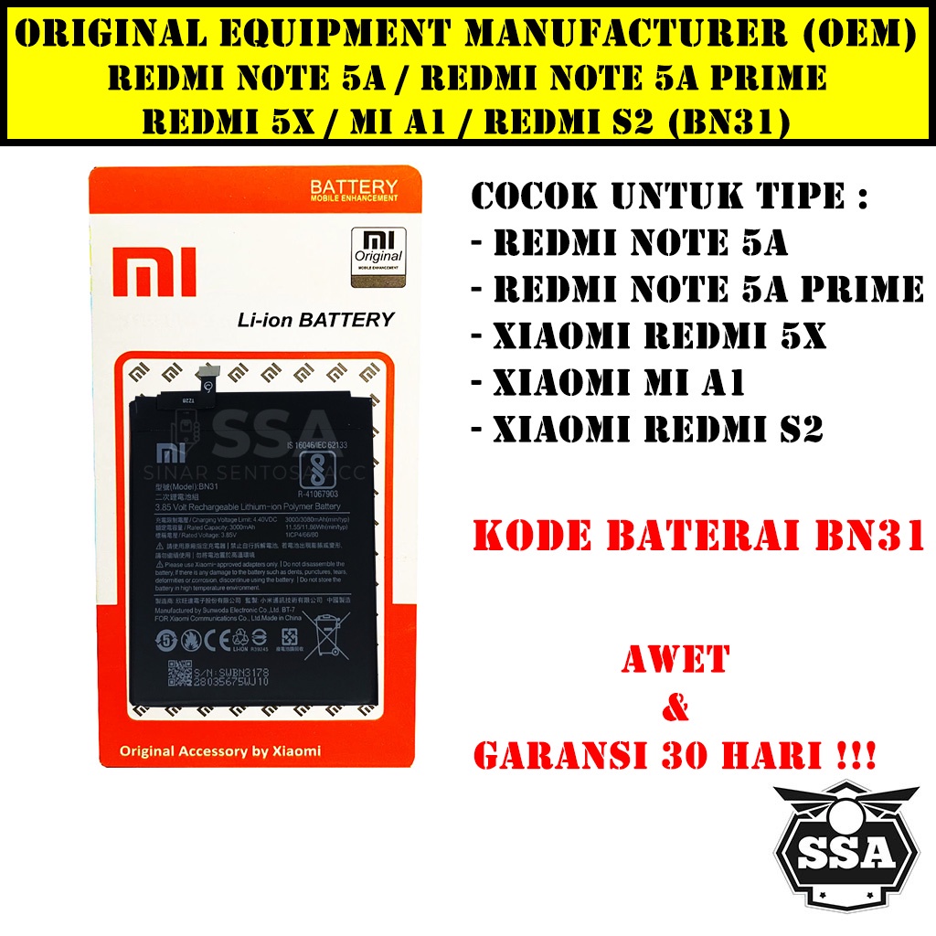 Baterai Original OEM Xiaomi Redmi Note 5a Prime Mi 5x Mi A1 Redmi S2 BN31 BN 31 Battery Batu Batre Batrei Batrai ORI HP Handphone